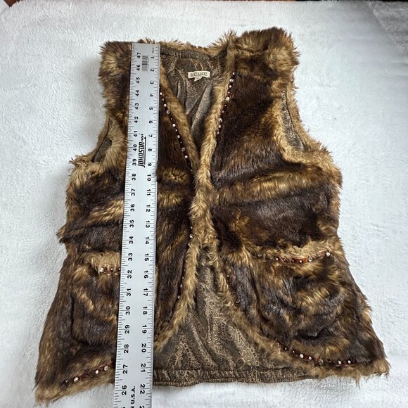 Baxis & Baxis Faux Fur Brown Vest with Paisley Lining Beaded Trim Medium Pockets - Picture 6 of 6